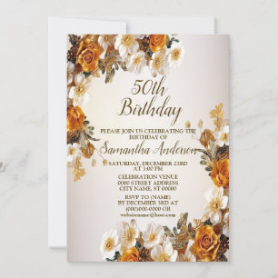 Invitation Fête d'anniversaire Golden Orange White Flowers ru