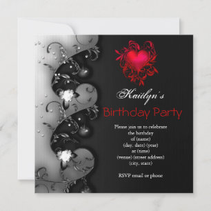 Invitation Fête d'anniversaire gothique cœur noir rouge