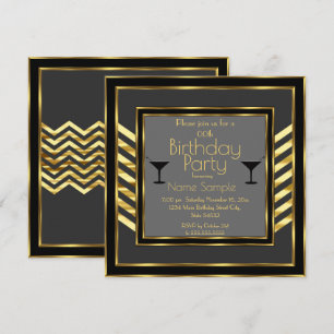 Invitation Fête d'anniversaire gris noir or Art Déco Martini