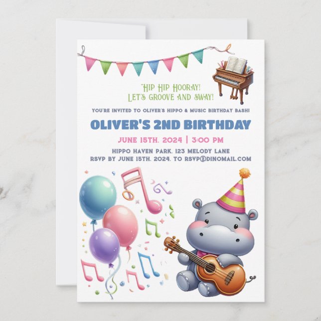 Invitation "Fête d'anniversaire Groovy Hippo Bonan (Devant)