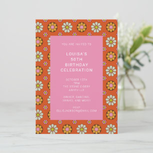 Invitation Fête d'anniversaire Groovy Rétro 60s Fleur Orange