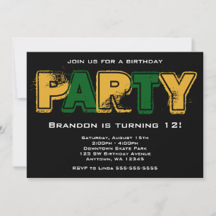 Invitation Fête d'anniversaire grunge verte et or