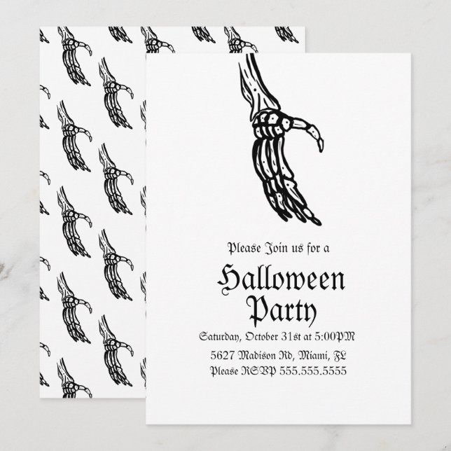 Invitation Fête d'anniversaire Halloween Mains de squelette (Devant / Derrière)