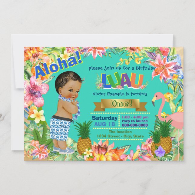 Invitation Fête d'anniversaire hawaïenne de Luau de garçon (Devant)