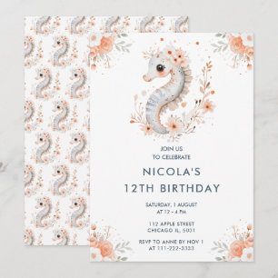 Invitation Fête d'anniversaire Hippocampe Floral Mignon