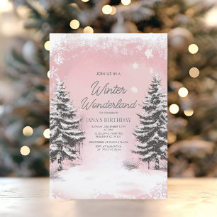 Invitation Fête d'anniversaire hivernale rose pastel merveill