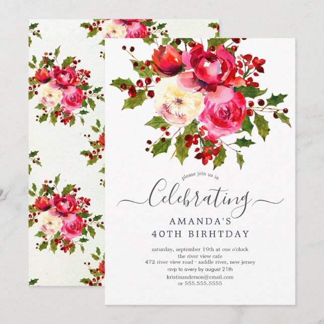 Invitation Fête d'anniversaire Holly Floral (Devant / Derrière)
