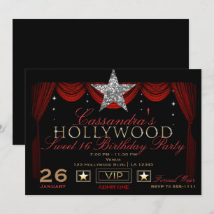 Invitation Fête d'anniversaire Hollywood Or Argent Noir & Rou