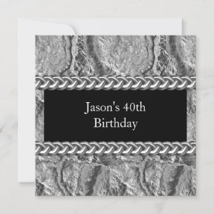 Invitation Fête d'anniversaire homme métal chrome noir argent