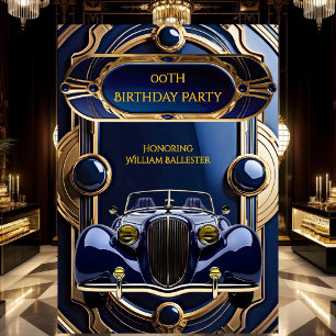 Invitation Fête d'anniversaire homme Royal Blue Gold Voiture 