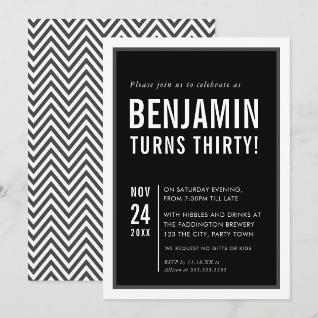 Invitation FÊTE D'ANNIVERSAIRE HOMME typographie moderne noir (Devant / Derrière)