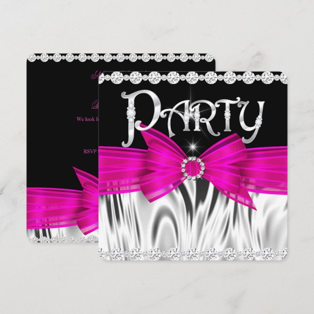 Invitation Fête d'anniversaire Hot Rose Bow Black Silver (Devant / Derrière)
