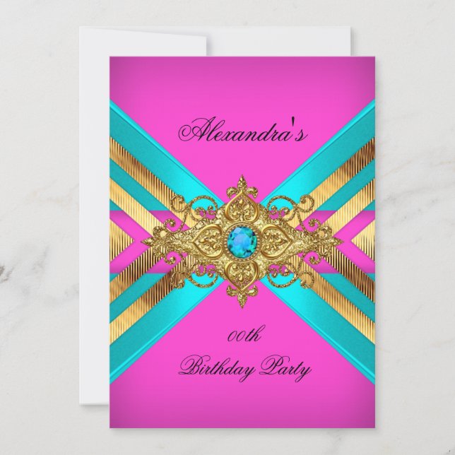 Invitation Fête d'anniversaire Hot rose Turquoise Bijou Gold  (Devant)