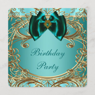 Invitation Fête d'anniversaire Jade Bleu sarcelle et Or