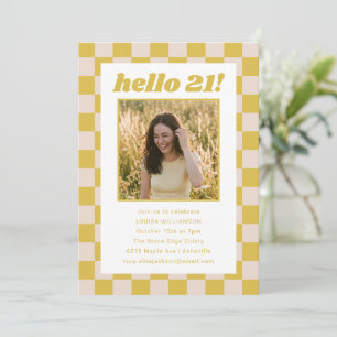 Invitation fête d'anniversaire jaune crème damier 