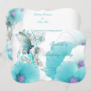 Invitation Fête d'anniversaire Joli Floral Turquoise Papillon