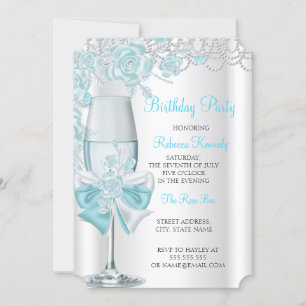 Invitation Fête d'anniversaire Jolie Rose Bleu Canard Champag