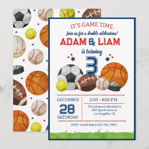 Invitation Fête d'anniversaire jumelle de sports de Star