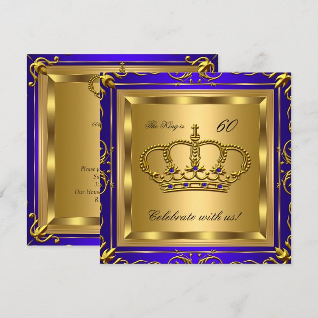 Invitation Fête d'anniversaire King ou Queen Royal Blue Gold  (Devant / Derrière)