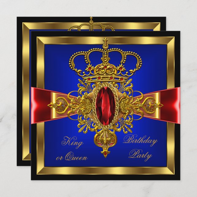 Invitation Fête d'anniversaire King ou Queen Royal Blue Red (Devant / Derrière)
