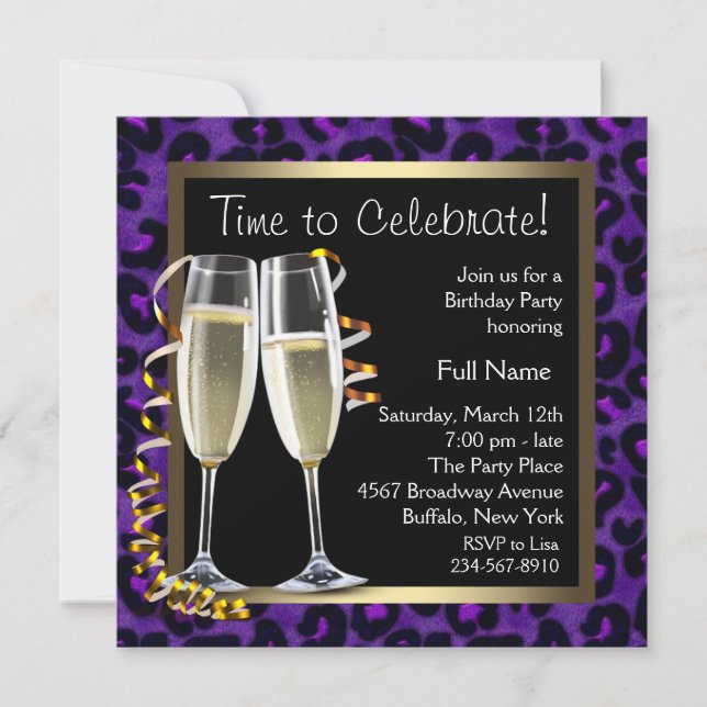 Invitation Fête d'anniversaire léopard violet champagne (Devant)