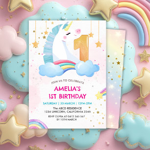 Invitation Fête d'anniversaire licorne arc-en-ciel rose capri