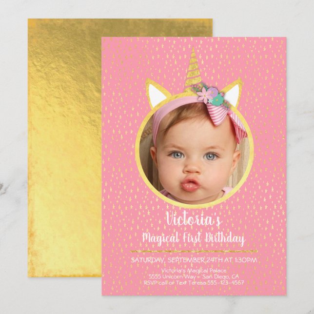 Invitation Fête d'anniversaire licorne avec photo (Devant / Derrière)