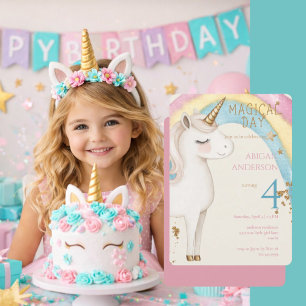 Invitation Fête d'anniversaire Licorne de Jour Magique Arrond