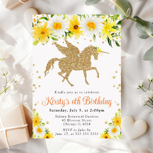 Invitation Fête d'anniversaire licorne dorée fleurs jaunes pâ