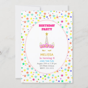 Invitation Fête d'anniversaire Licorne et Étoiles Multicolore