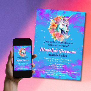Invitation Fête d'anniversaire licorne florale espagnole pour