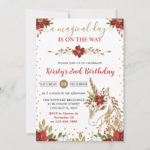 Invitation Fête d'anniversaire licorne florale rouge et or él