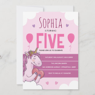 Invitation Fête d'anniversaire licorne magique rose 5 ans