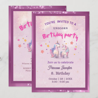 Invitation Fête d'anniversaire licorne magique rose fantaisis