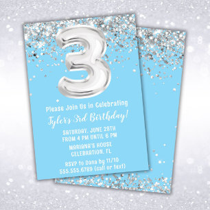Invitation Fête d'anniversaire Light Blue Silver 3 ans