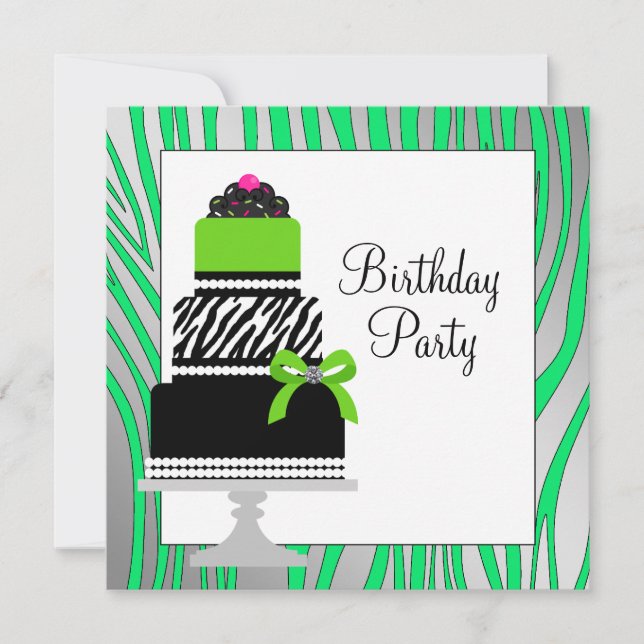 Invitation Fête d'anniversaire Lime Green Zebra Cake Cupcake (Devant)