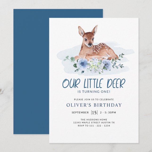 Invitation Fête d'anniversaire Little Deer Blue Floral Invit (Devant / Derrière)