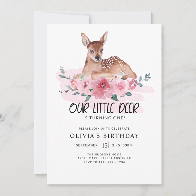 Invitation Fête d'anniversaire Little Deer rose Floral (Devant)