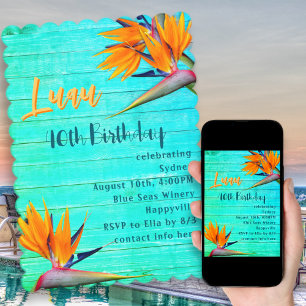 Invitation Fête d'anniversaire Luau Fleurs tropicales Bois Bl