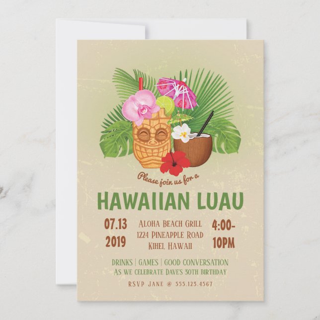 Invitation fête d'anniversaire Luau Hawaïen Tiki (Devant)