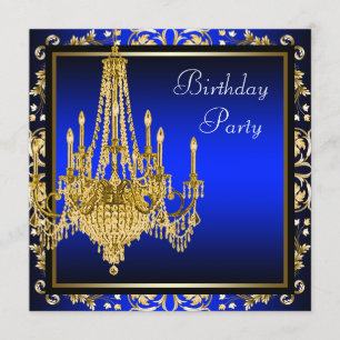 Invitation Fête d'anniversaire Lustre Bleu Royal Or Damassé