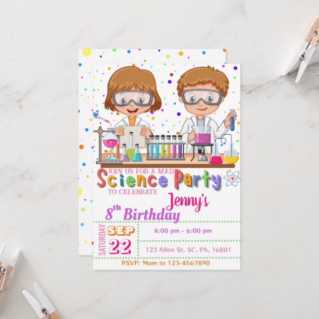 Invitation Fête d'anniversaire Mad Science `Invitation pour l (Devant/Arrière en situation)