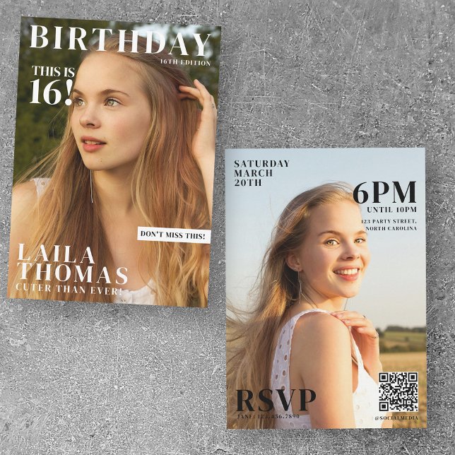 Invitation Fête d'anniversaire Magazine Couverture Photos Ado (Custom Birthday Party Magazine Cover Teenager Invitation)