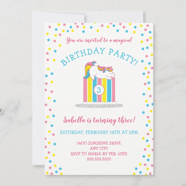 Invitation Fête d'anniversaire magique de licorne de bébé, (Devant)