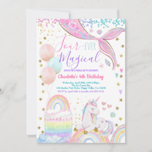 Invitation Fête d'anniversaire magique de licorne sirène 4 an