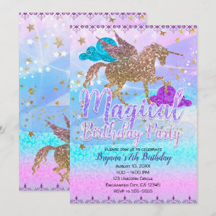 Invitation Fête d'anniversaire magique de licorne volante à p