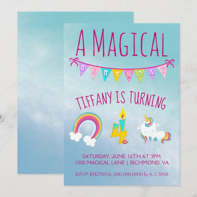 Invitation Fête d'anniversaire magique de l'Unicorne, quatre  (Devant / Derrière)