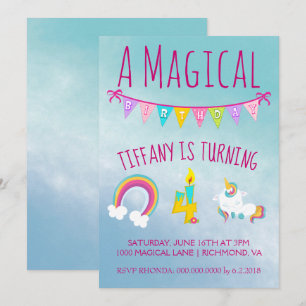 Invitation Fête d'anniversaire magique de l'Unicorne, quatre 