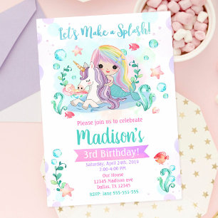 Invitation Fête d'anniversaire magique de sirène et de licorn