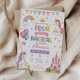 Invitation Fête d'anniversaire magique Licorne pastel 4 ans A